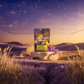 Green Passion Cannabis Flowers Fruit Punch – violette 10g Indoor-Packung auf Holzsockel in lavendelfarbenem Feld bei Sonnenuntergang, umgeben von gläsernen Früchten (Ananas, Trauben, Mandarine).