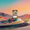 Green Passion Cannabis Vape Cartridge Gelato – Produktbox mit freiliegender Vape-Kartusche auf surrealem Eiscreme-Sockel in bunten Gelato-Farben (Türkis, Rosa, Vanille), vor pastellfarbenem Wüsten-Sonnenuntergang in Mintgrün und Orange.
