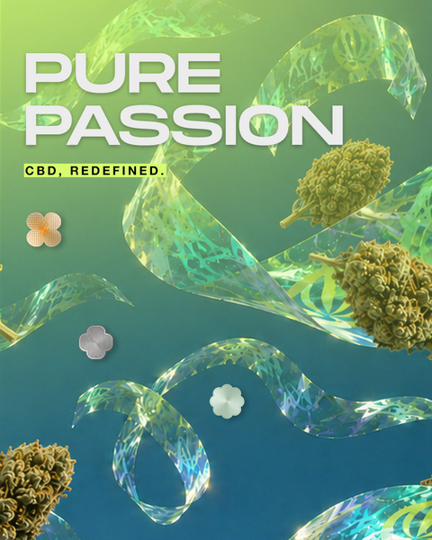 Pure Passion – CBD, redefined. Abstract cannabis flowers with transparent, flowing shapes.