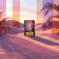 Green Passion Fiori di cannabis Maui Kush – Confezione indoor da 10g in un paesaggio desertico viola-rosa al tramonto con palme, dune e pannelli di vetro specchiati.
