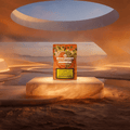 Green Passion Cannabis Flowers Orange Passion – orange 10g Indoor-Packung auf leuchtendem Marmorpodest in warmem Sandstein-Ambiente mit kreisförmiger Deckenöffnung.