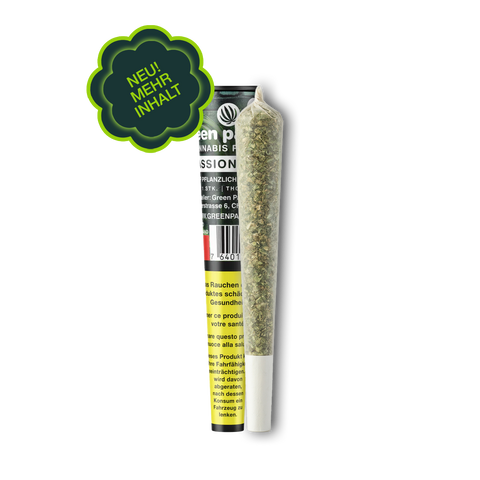 Green Passion Pre-Roll "Passion Kush" – CBD-Joint mit Tube-Verpackung, 1 Stück, THC <1%. Badge: "Neu! Mehr Inhalt". Pflanzlich, ohne Tabak.