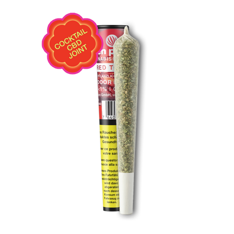 Green Passion Pre-Roll "Red Twist" – CBD-Cocktail-Joint mit roter Tube-Verpackung, Indoor, THC <1%. Badge: "Cocktail CBD Joint". Pflanzlich, ohne Tabak.