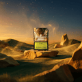 Green Passion Hashish di cannabis Super Pollen – confezione da 12g su pietra arenaria in un paesaggio desertico dorato al tramonto, con un ritratto di fata sulla confezione e particelle di polline fluttuanti sullo sfondo.