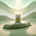 Green Passion Cannabis Flowers White Passion – weisse 10g Indoor-Packung auf organischem Kieselstein in minimalistischer Mint-Grün-Landschaft mit wellenförmigen Hügeln und strahlendem Gegenlicht.