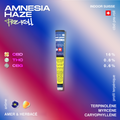 Joint pré-roulé Amnesia Haze avec des informations sur le CBD, THC et CBG, arôme amer et herbacé, et profil terpénique affiché.
