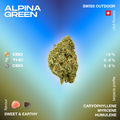 Alpina Green CBD flower with 18% CBD, 0.8% THC, and 0.8% CBG, featuring a sweet and earthy flavor profile with caryophyllene, myrcene, and humulene terpenes.