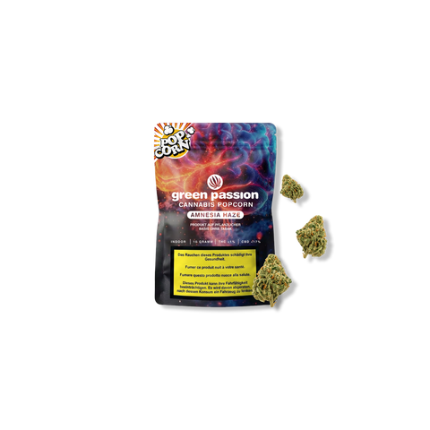 Confezione di Green Passion Cannabis Popcorn Amnesia Haze con fiori visibili, 10 grammi, contenuto di CBD 47%.
