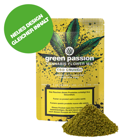 Green Passion CBD Crunch – Premium CBD-Blütenmischung aus der Schweiz in praktischer Verpackung. Fein zerkleinerte Hanfblüten für vielseitigen Genuss.