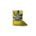 Verpackung von Green Passion CBD Crunch Cannabis Flower Mix mit Hanfblatt-Design und einem Haufen der Blütenmischung davor.