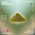 Mélange de fleurs CBD Crunch avec 20 % CBD, 0,9 % THC, 0,9 % CBG, saveur florale et épicée, profil terpénique avec bisabolol, caryophyllène, myrcène.