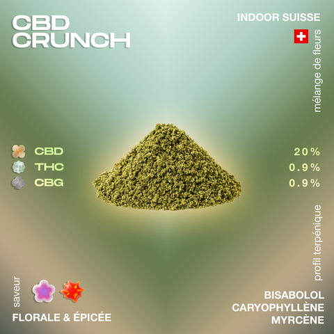 Mélange de fleurs CBD Crunch avec 20 % CBD, 0,9 % THC, 0,9 % CBG, saveur florale et épicée, profil terpénique avec bisabolol, caryophyllène, myrcène.
