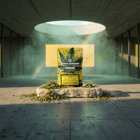 A package of Green Passion CBD Crunch cannabis flower mix, displayed on a stone surface with scattered flower pieces, under a circular skylight.
