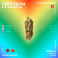 CBG Blüte Freedom Flower mit Angaben zu CBD, THC und CBG Gehalt, sowie erdig-würzigem Aroma und Terpenprofil auf buntem Hintergrund.