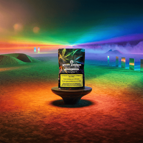 Verpackung der Freedom Flower CBG Blüten von Green Passion vor einem bunten, futuristischen Hintergrund.