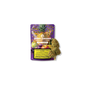 Verpackung von Green Passion Cannabis Flowers Fruit Punch mit Abbildung einer Ananas und anderen Früchten, daneben eine Hanfblüte.