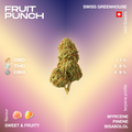 A single cannabis bud labeled 'Fruit Punch' with CBD, THC, and CBG percentages, and a sweet and fruity flavor profile.