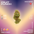 Colorful CBD flower labeled 'Fruit Punch' with 17% CBD, 0.8% THC, and 0.8% CBG, featuring a sweet and fruity flavor profile with myrcene, caryophyllene, and linalool terpenes.