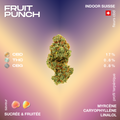 Bourgeon de cannabis Fruit Punch avec 17% de CBD, 0,8% de THC et CBG, saveur sucrée et fruitée, cultivé en intérieur en Suisse.