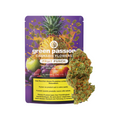 Fruit Punch Fiori di CBD di Green Passion – cannabis indoor svizzera di alta qualità con aroma tropicale, mostrata con confezione unica.