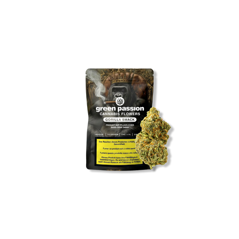 Confezione dei fiori di CBD Gorilla Smack di Green Passion con fiore visibile e avvertenze.