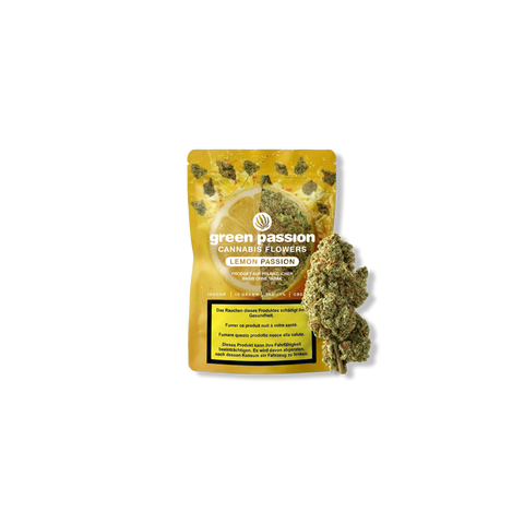 Confezione dei fiori di CBD Lemon Passion di Green Passion con fiori visibili e design giallo.