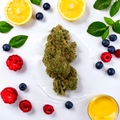 Primo piano delle infiorescenze CBD Lemon Passion di Green Passion – presentate con limoni, frutti di bosco e foglie di menta per un profilo terpenico fresco.