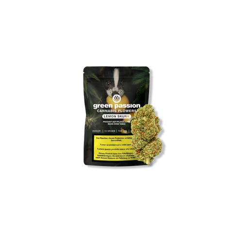 Confezione dei fiori di CBD Lemon Skunk di Green Passion con fiori visibili e avvertenze.
