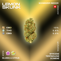 Lemon Skunk CBD-Blüte mit 13% CBD, 0.6% THC und 0.5% CBG, blumig und citrus Aroma, Schweizer Indoor-Anbau, Terpenprofil: Myrcene, Terpinolene, Ocimene.