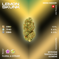 Lemon Skunk CBD flower with 13% CBD, 0.6% THC, and 0.5% CBG, featuring a floral and citrusy flavor profile. Swiss indoor grown with terpenes myrcene, terpinolene, and ocimene.