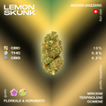 Immagine di una cima di Lemon Skunk con dettagli sui livelli di CBD, THC e CBG, e profilo aromatico floreale e agrumato.