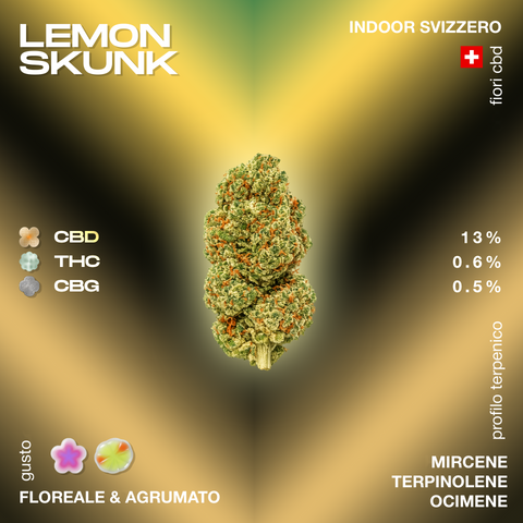 Immagine di una cima di Lemon Skunk con dettagli sui livelli di CBD, THC e CBG, e profilo aromatico floreale e agrumato.