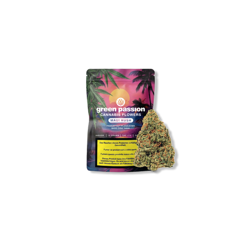 Confezione dei fiori di CBD Maui Kush di Green Passion con design tropicale e un fiore in primo piano.