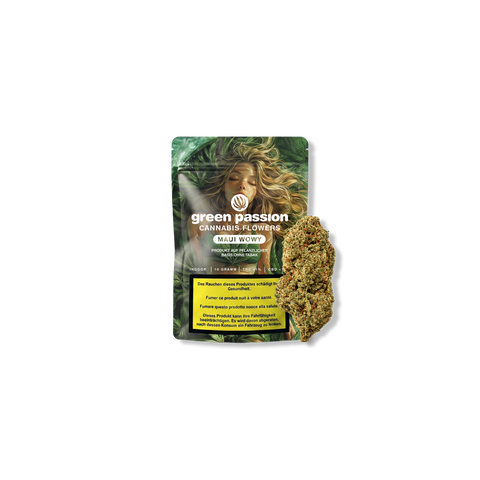 Green Passion Maui Wowy cannabis flowers package with a visible cannabis bud next to it.