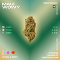 Image of Maui Wowy CBD flower with floral and spicy flavor notes, showing CBD 18%, THC 0.9%, CBG 0.9%, and terpenes myrcene, bisabolol, caryophyllene.