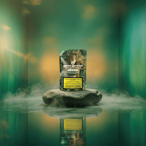 A package of Green Passion Maui Wowy cannabis flowers displayed on a rock with a misty, green background.