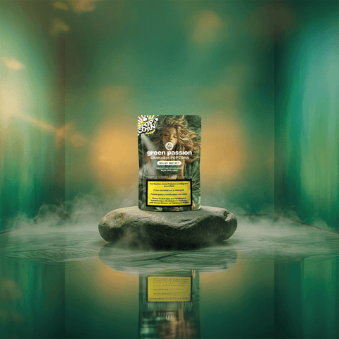 Verpackung von Maui Wowy Popcorn CBD-Blüten von Green Passion auf einem Stein mit nebligem Hintergrund.