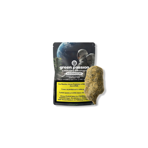 Confezione di Green Passion Moonrocks con un'immagine di un astronauta e un pezzo di Moonrock davanti.