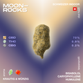 Moonrocks mit 70% CBD, 0.9% THC und 0.2% CBG, krautig-würziges Aroma, Terpenprofil mit Bisabolol, Caryophyllene und Humulene.