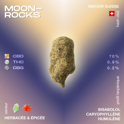 Moonrocks avec 70% de CBD, 0.9% de THC et 0.2% de CBG, saveur herbacée et épicée, profil terpénique avec bisabolol, caryophyllène et humulène.