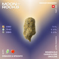 Moonrocks CBD con profilo terpenico bisabololo, cariofillene e umulene, gusto erbaceo e speziato, con 70% CBD, 0,9% THC, 0,2% CBG.