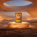Verpackung der CBD-Blüten 'Orange Passion' von Green Passion vor einem futuristischen Hintergrund.