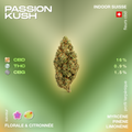Fleur de CBD Passion Kush avec un profil terpénique comprenant myrcène, pinène et limonène, saveur florale et citronnée, et taux de CBD, THC, CBG indiqués.
