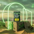 Verpackung der Passion Kush CBD Blüten von Green Passion auf einem Betonblock mit grafischem Hintergrund.