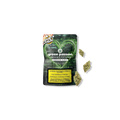 Verpackung von Green Passion Cannabis Popcorn Passion Kush mit sichtbaren Hanfblüten daneben.