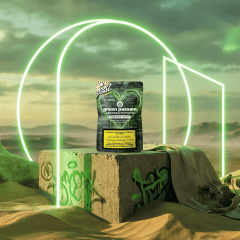 Emballage du Green Passion Cannabis Popcorn Passion Kush sur un bloc de béton décoratif avec un effet lumineux vert en arrière-plan.