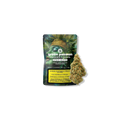 Verpackung von Green Passion Space Queen CBD-Blüten mit einem Cannabis-Blütenstand daneben.