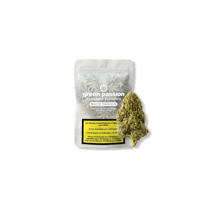 Packaging of Green Passion Cannabis Flowers White Passion with a visible flower next to it.