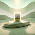 Verpackung der White Passion CBD-Blüten von Green Passion auf einem Stein in einer stilisierten Landschaft.