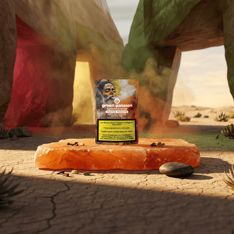 Confezione di Charas Passion CBD Hash di Green Passion posizionata su una pietra arancione in un paesaggio desertico con rocce colorate sullo sfondo.